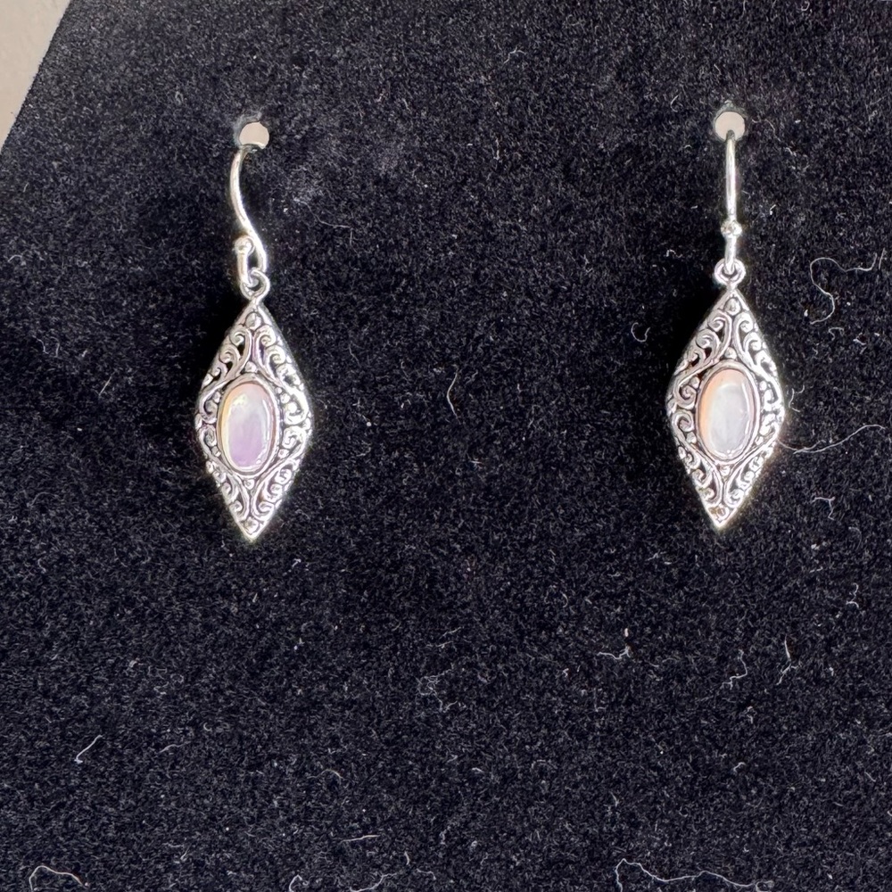 Silver Filigree Drop Earrings with Pink Stone
